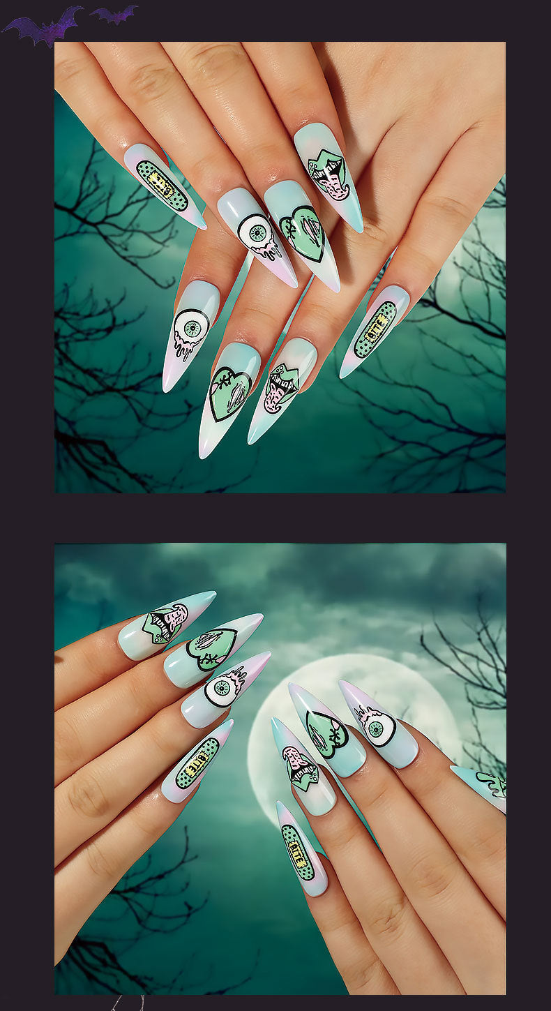 Wear Nail Finished Product Halloween Manicure Starry Sky Blooming Green Heart Eyeballs Lips Nail Sticker Removable