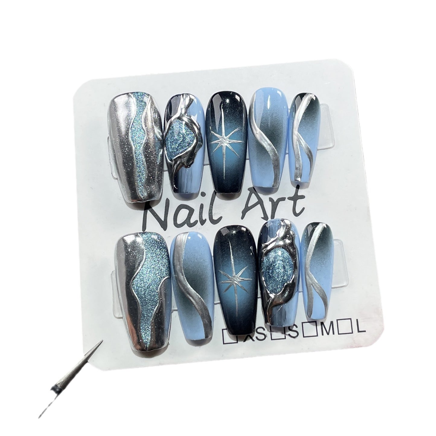 Hand-Worn Nail Black and Blue Gradient Three-Dimensional Cat's Eye Advanced Spray Gun Mid-Length Nail Stickers Wearable Nail Sticker