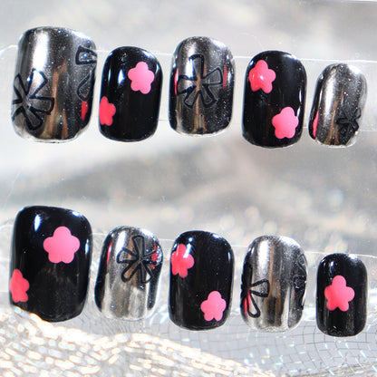 Wear Armor Sweet Sweet Cool Metallic Cute Simple Flower Black Silver Short Ballet Nail Stickers