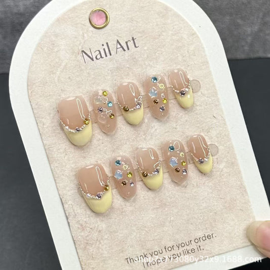 Spring and Summer New Handmade Wear Armor Light Yellow Full Diamond Flash ins Short Oval Manicure Advanced Removable Manicure