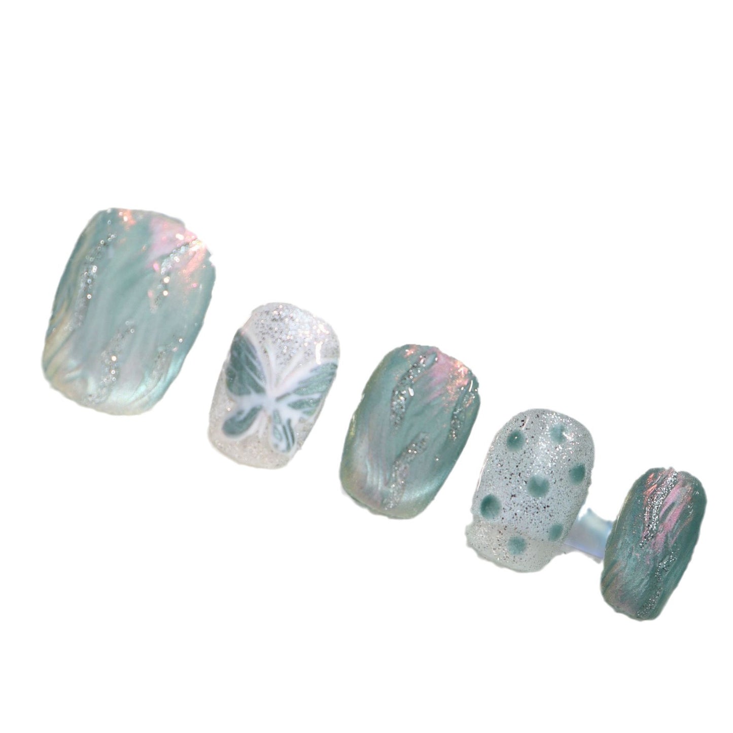 Refreshing Summer Mint Green Firefly Butterfly Cat Eye Hand-Worn Nail Mermaid Polka Dot Girl Phototherapy Fake Nail Tip