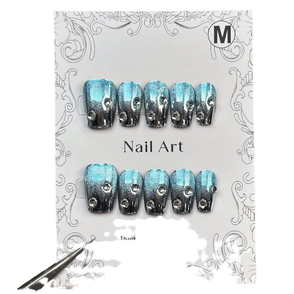 Europe and America Cross Border Popular Mirror Blue Sparkling Water Gradient Finished Product Nail Stickers Handmade Advanced Removable Nail Tip