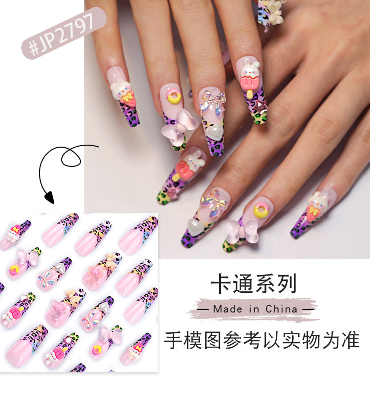 French Color Leopard Print Manicure Sweet Cute Three-Dimensional Bow Wear Nail Adorable Rabbit Love Nail Tip Finished Product Wholesale