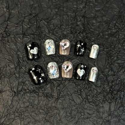 Handmade Wear Nail Dark Loli Sweet Cool Hot Girl Style Love Rhinestone Short Nail Stickers Wear Nail Finished Product