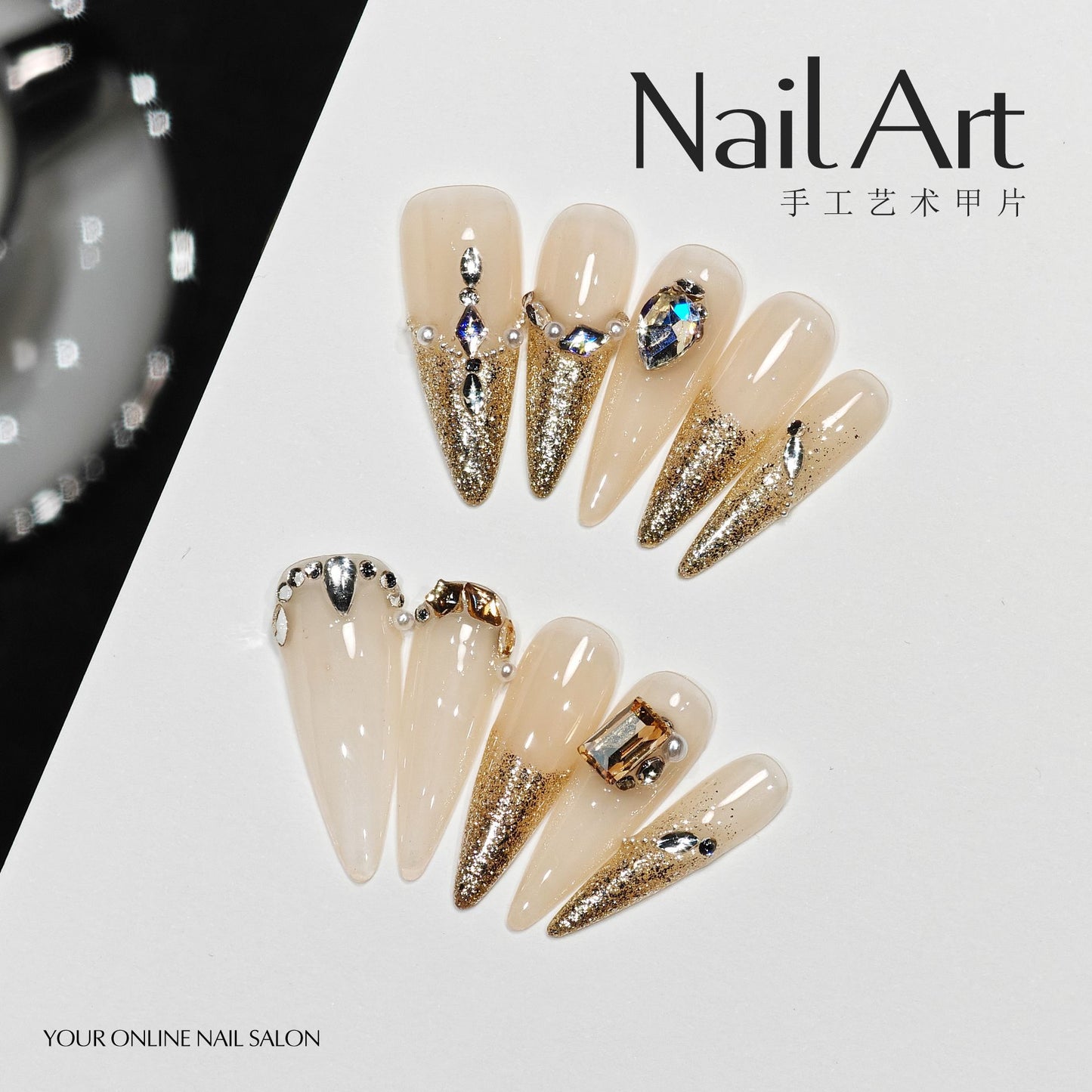 Handmade Wear Armor Golden Cat Eye Cute Light Luxury Premium Water Drop Champagne Removable Fake Nail Tip Wholesale