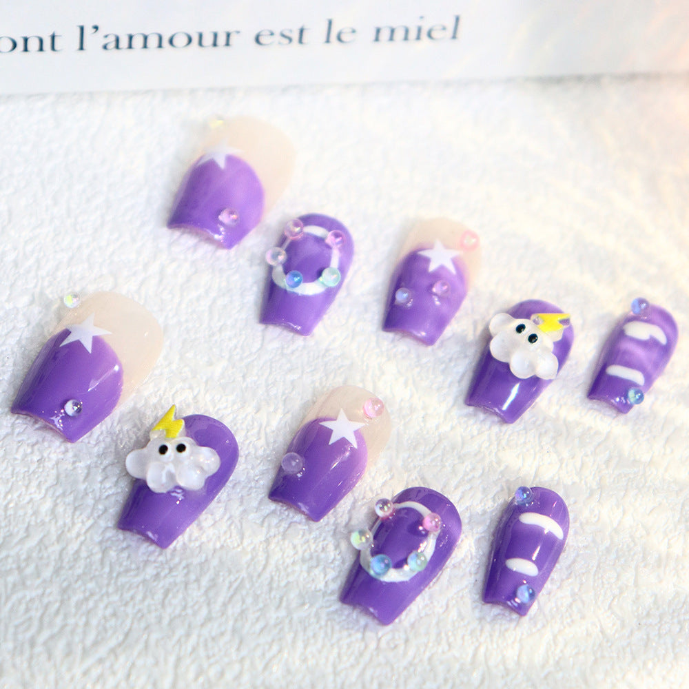 Cartoon Cute Lightning Cloud Purple Handmade Wear Nail Irregular French Bubble Student Wear Manicure