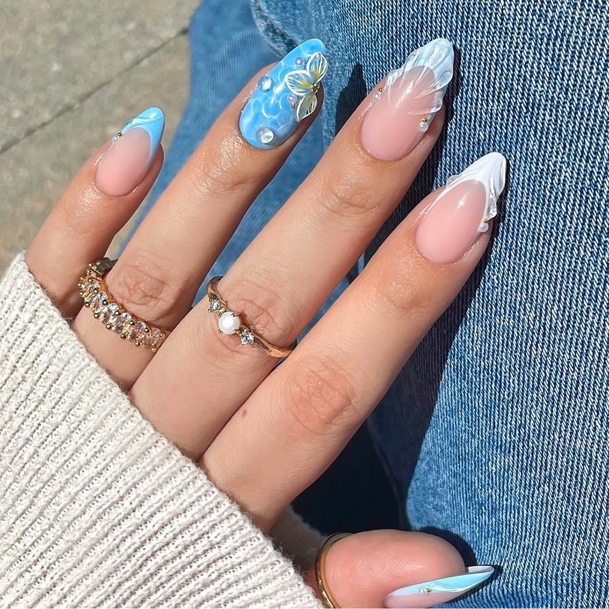 3D Three-Dimensional Shell Water Drop Wear Nail French Blue White Manicure Fake Nails Short Almond Flower Nail Tip