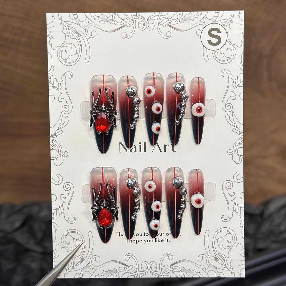 Cross-Border Hot Selling European and American Long Pointed Hand-Worn Nail Three-Dimensional Nail Ornament Bloody Rivet Spider Halloween Nail Tip