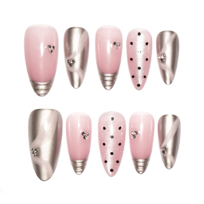 Internet Celebrity French Style3D Silver Magic Mirror Effect Powder Wear Nail Pink Sweet Cat Eye Nail Art Spot Drill Ribbon Fake Nails Nail Tip