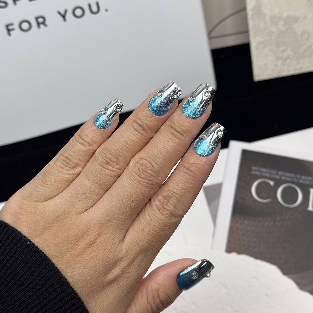 Europe and America Cross Border Popular Mirror Blue Sparkling Water Gradient Finished Product Nail Stickers Handmade Advanced Removable Nail Tip