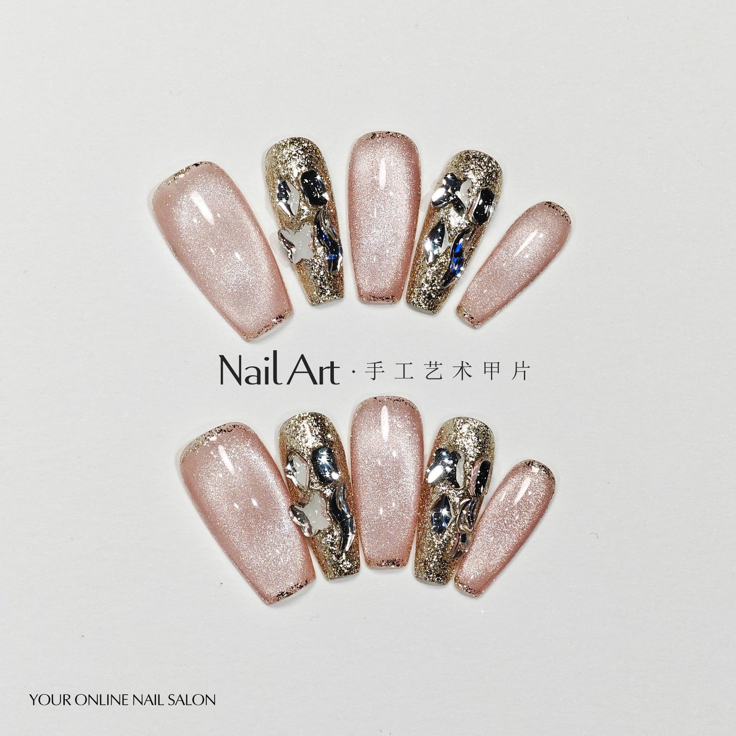 Handmade Wear Armor High-Grade Nude Cat Eyes Flashing Cute White Nail Stickers Handmade Fake Nail Tip Wholesale