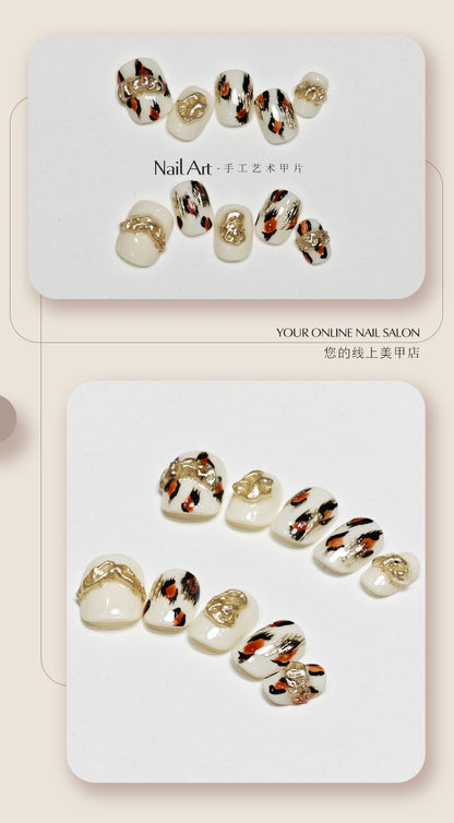 Handmade Wear Armor Autumn and Winter High-Grade Leopard Print Gilding Short Handmade Nail Stickers White Fake Nail Tip