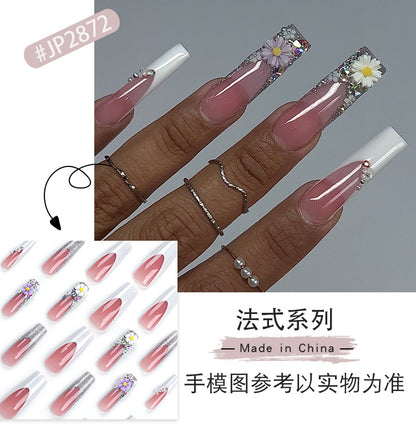 French Style White Edge Wear Nail Blush Glitter Flower Nail Art Ultra Long Pearl Fake Nails White Romantic Nail Tip