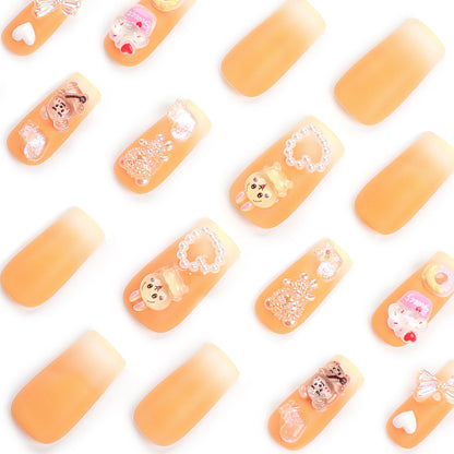 French Gradient Wear Nail Love Heart Bow Tie Nail Art Cartoon Rabbit Bear Donut Warm Color White Nail Tip