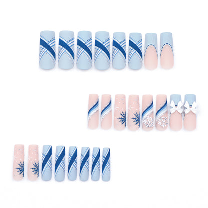 Europe and America Cross Border Christmas Wear Nail Snowflake Three-Dimensional Bow Manicure Fake Nails French Rectangle Nail Tip Wholesale