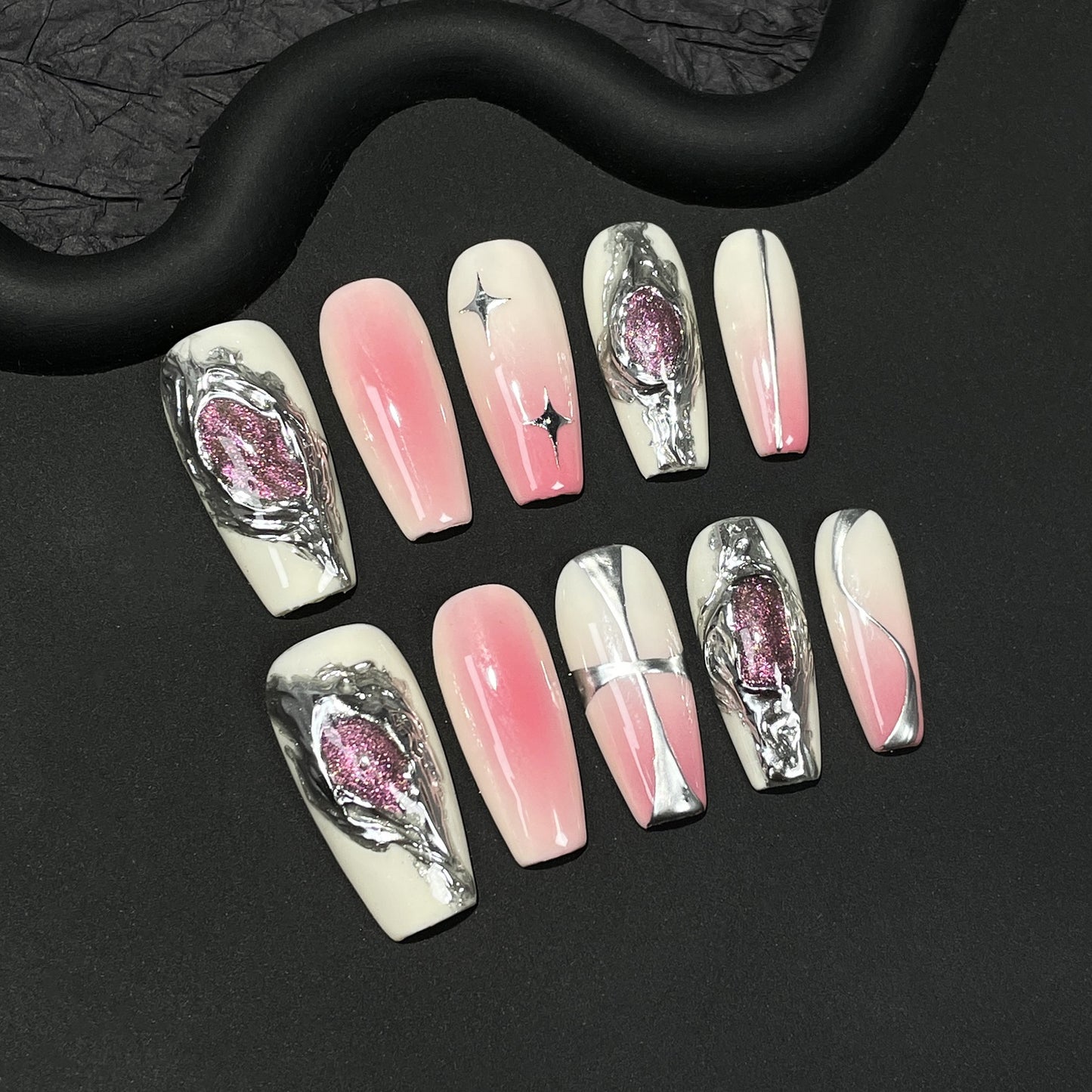 Sweet Cool Metal European and American Style Hand-Worn Nail Spray Gun Blush Irregular Cat Eye Mid-Length Nail Stickers Wholesale