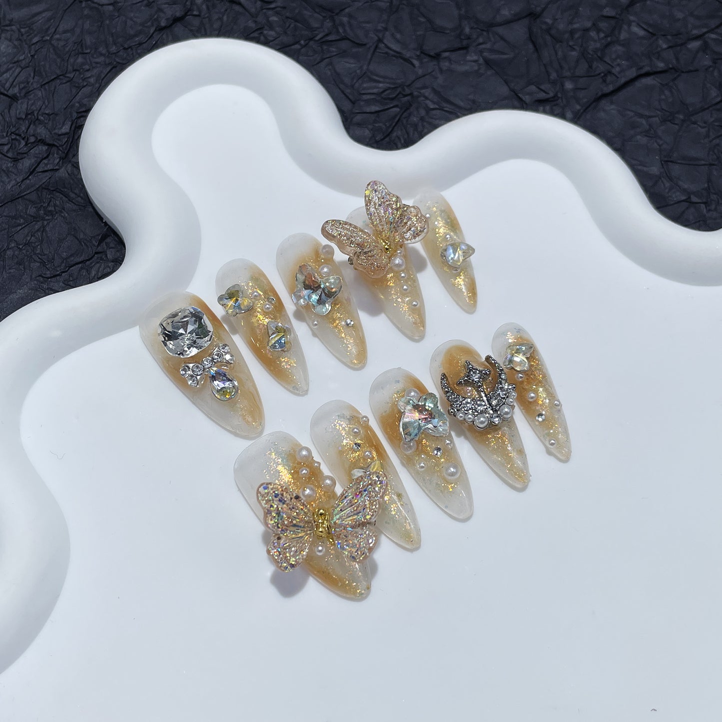 Light Luxury Heavy Industry Handmade High-End Wear Armor Magic Color Smart Butterfly Long Pointed Nail Stickers Moving Butterfly