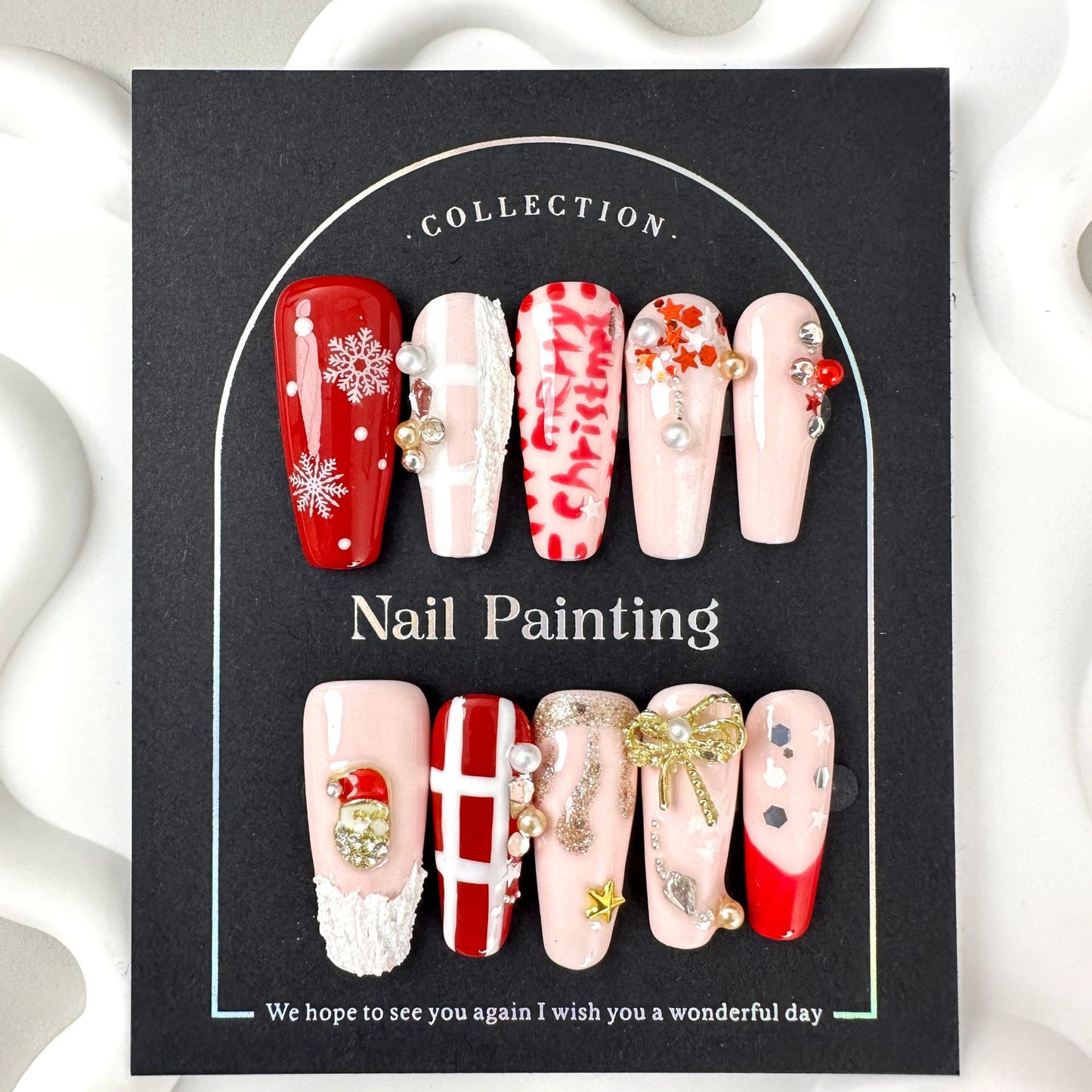 Christmas Style Hand-Painted Wear Nail Tip Mid-Length T Type Cross-Border European and American Handmade Nail Stickers Wholesale High Sense