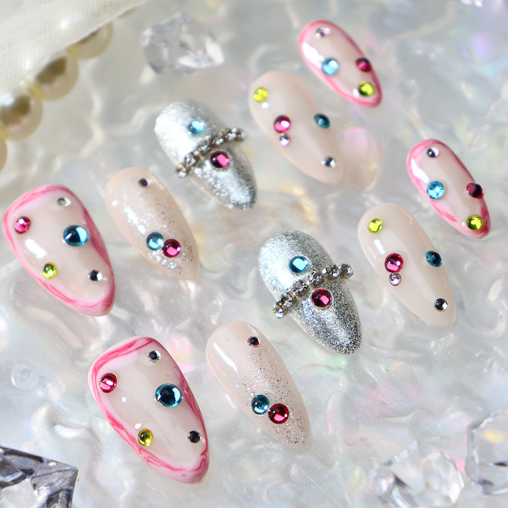 New Nail Beauty Patch Wear Nail Summer Handmade Nail Middle Almond with Colorful Crystals Dopamine Flash Hair Generation