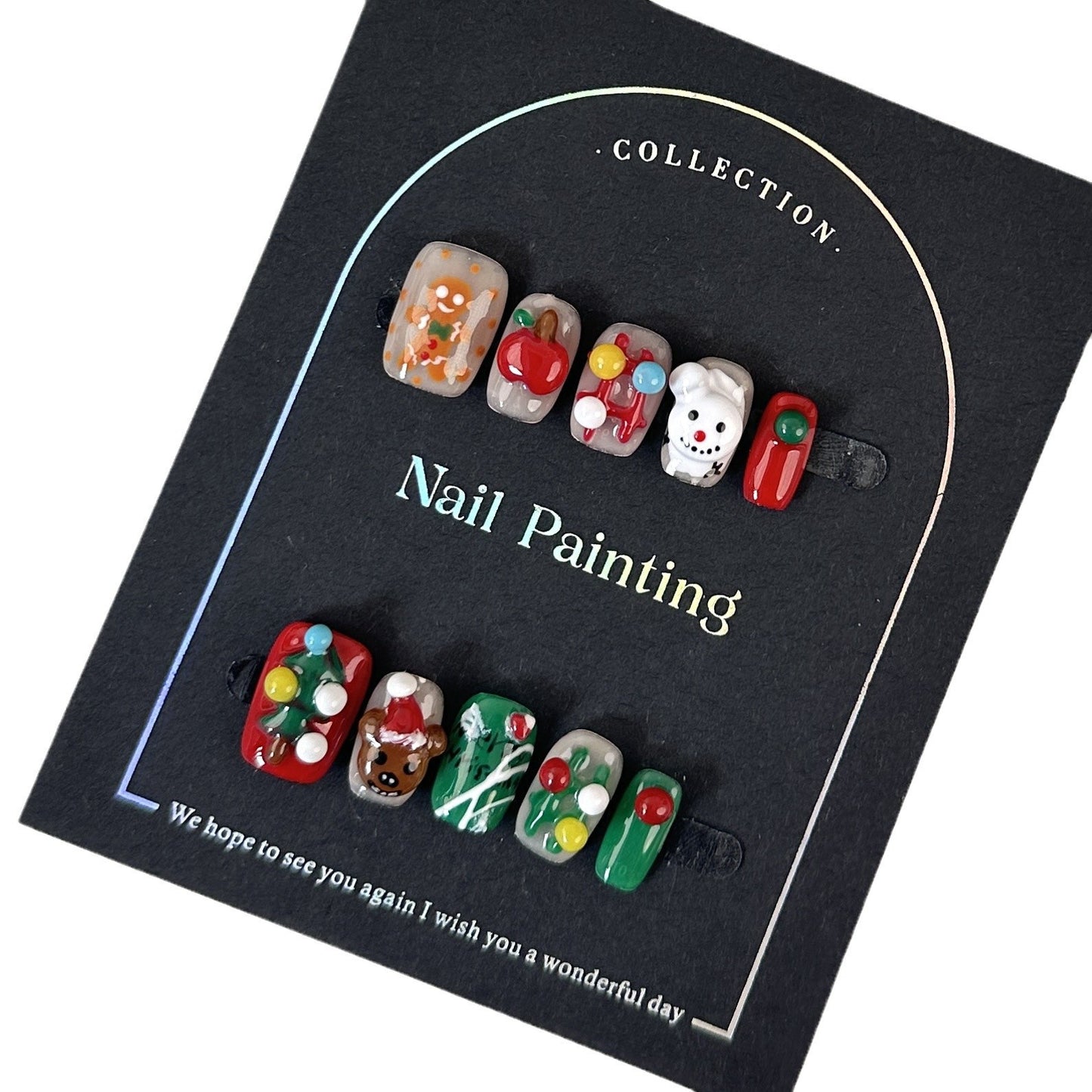 Christmas Style Handmade Pinch Christmas Tree Hand Painted Wear Nail Tip High Sense Nail Stickers Cross-Border Short Snowman