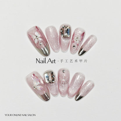 Handmade Wear Armor Autumn and Winter Advanced Butterfly French Cat Eye Magic Mirror Nail Stickers Handmade Fake Nail Tip Wholesale