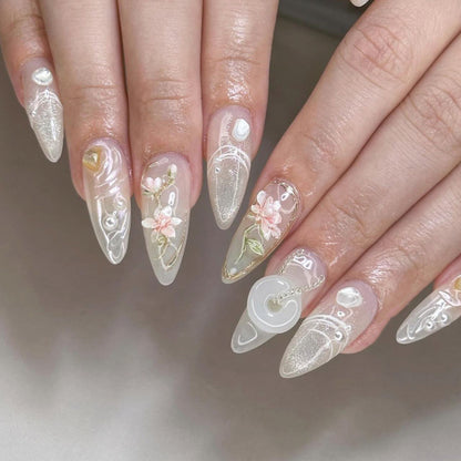 Summer fresh ins Wear Armor3D Magic Mirror Effect Powder Nail Art Short Almond Flower Fake Nails Repeatable Nail Tip