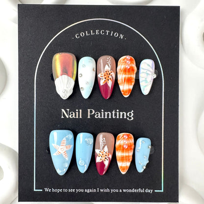 Sunset Shell Nail Stickers Wear Nail Tip High Sense Summer Europe and America Cross Border Straight Hair Handmade Pure Summer Hand Painted