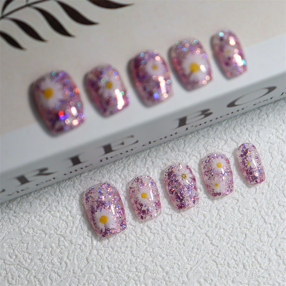 Summer Limited Fresh Little Daisy Phototherapy Hand-Worn Nail Flash Purple Wearable Nail Art Fake Nail Tip10Piece