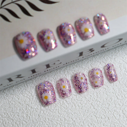 Summer Limited Fresh Little Daisy Phototherapy Hand-Worn Nail Flash Purple Wearable Nail Art Fake Nail Tip10Piece