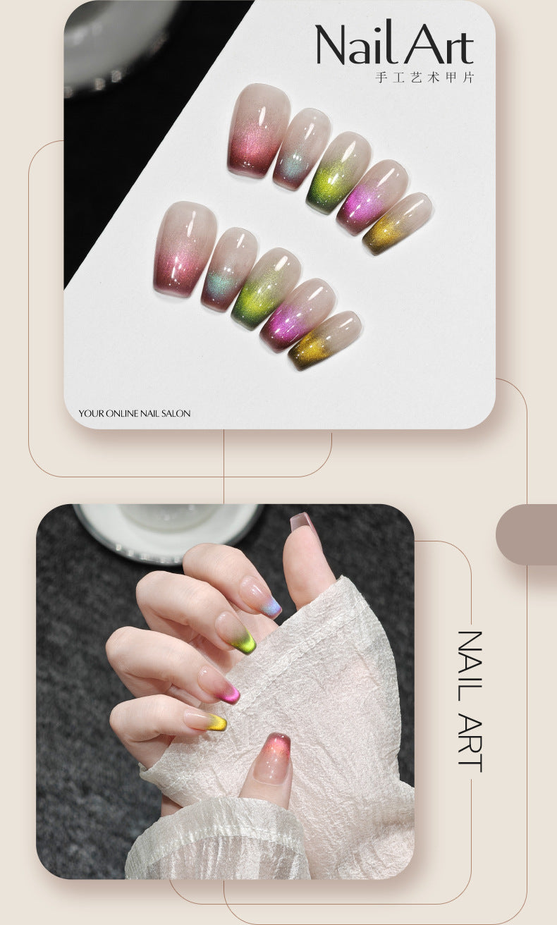 Handmade Wear Nail Tip Summer Dopamine High-Grade Cat's Eye French Rainbow Sweet Cool Short Handmade Beauty