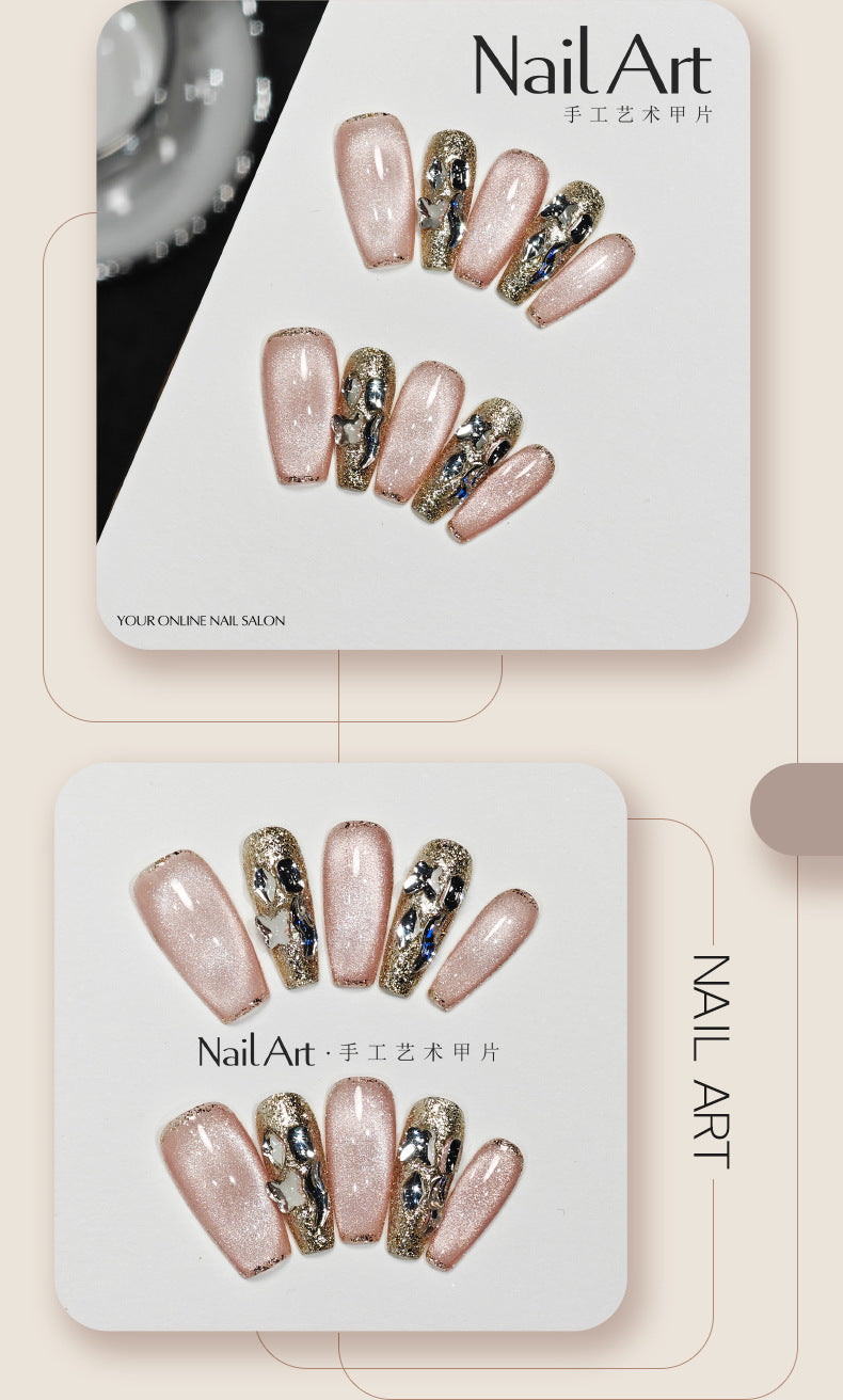 Handmade Wear Armor High-Grade Nude Cat Eyes Flashing Cute White Nail Stickers Handmade Fake Nail Tip Wholesale