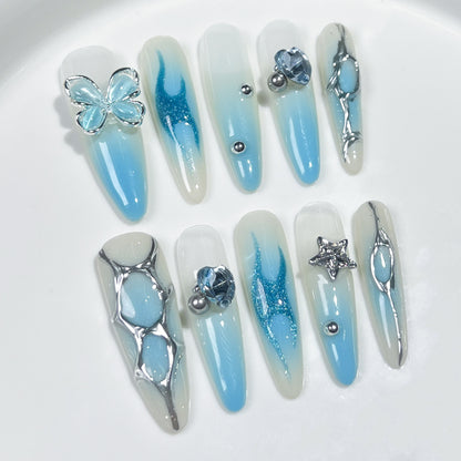 【Dyed Nail】Handmade Wear Nail Ice Transparent Blue Star Moon Butterfly Fairy Style Gentle Sweet Beautiful White Long Manicure