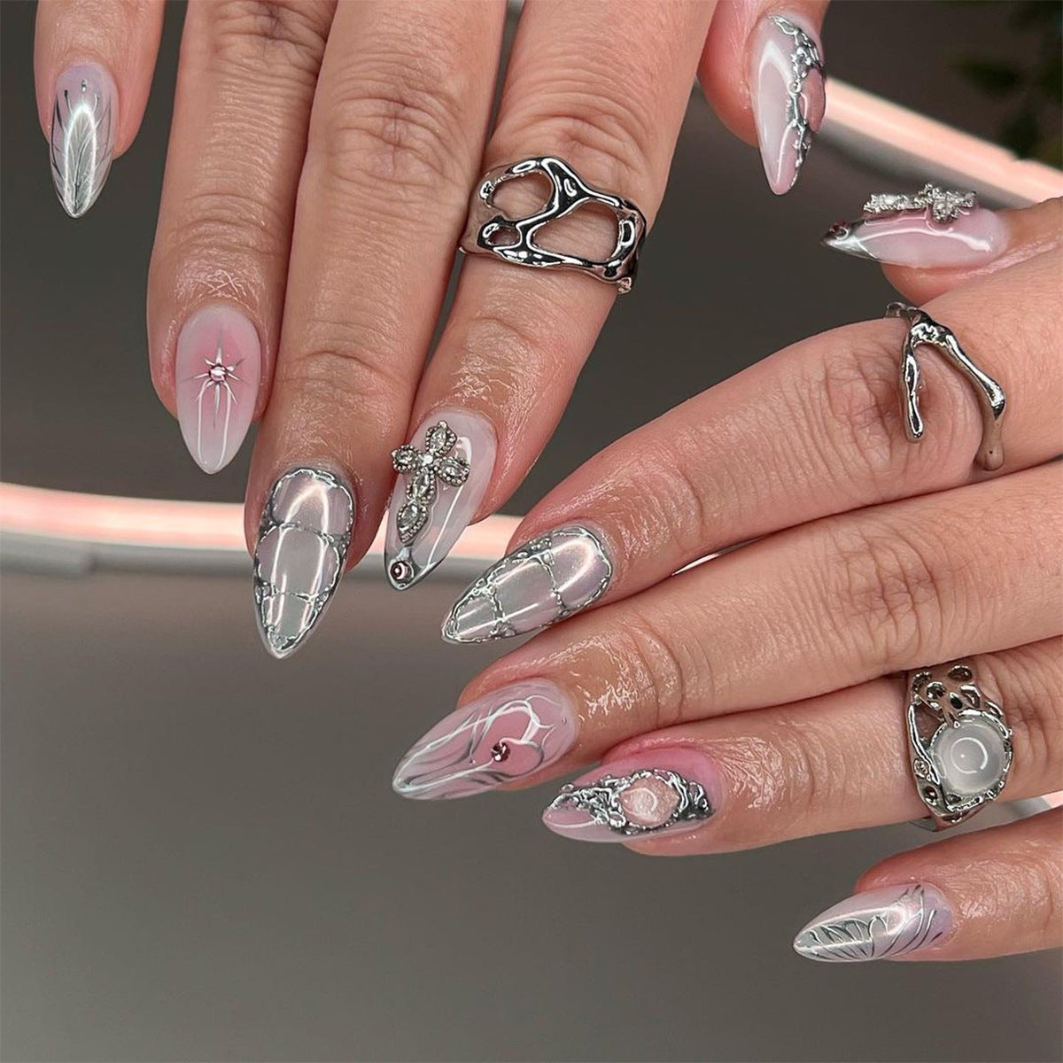 Three-Dimensional Water Drop Feeling Wearing Nail Fake Nails Asterism Love Nail Beauty Pink Blooming Nail Patch Nail Tip Wholesale