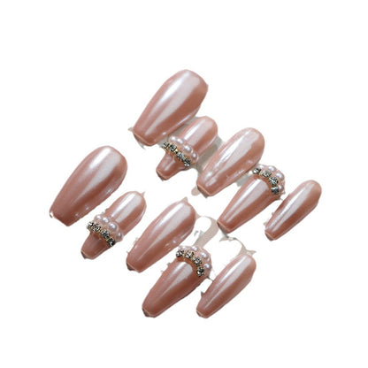 Advanced Phototherapy Pink Aurora Solid Color Handmade Wear Nail Simple Pearl Pink Nail Piece Long Ladder Gentle Gold