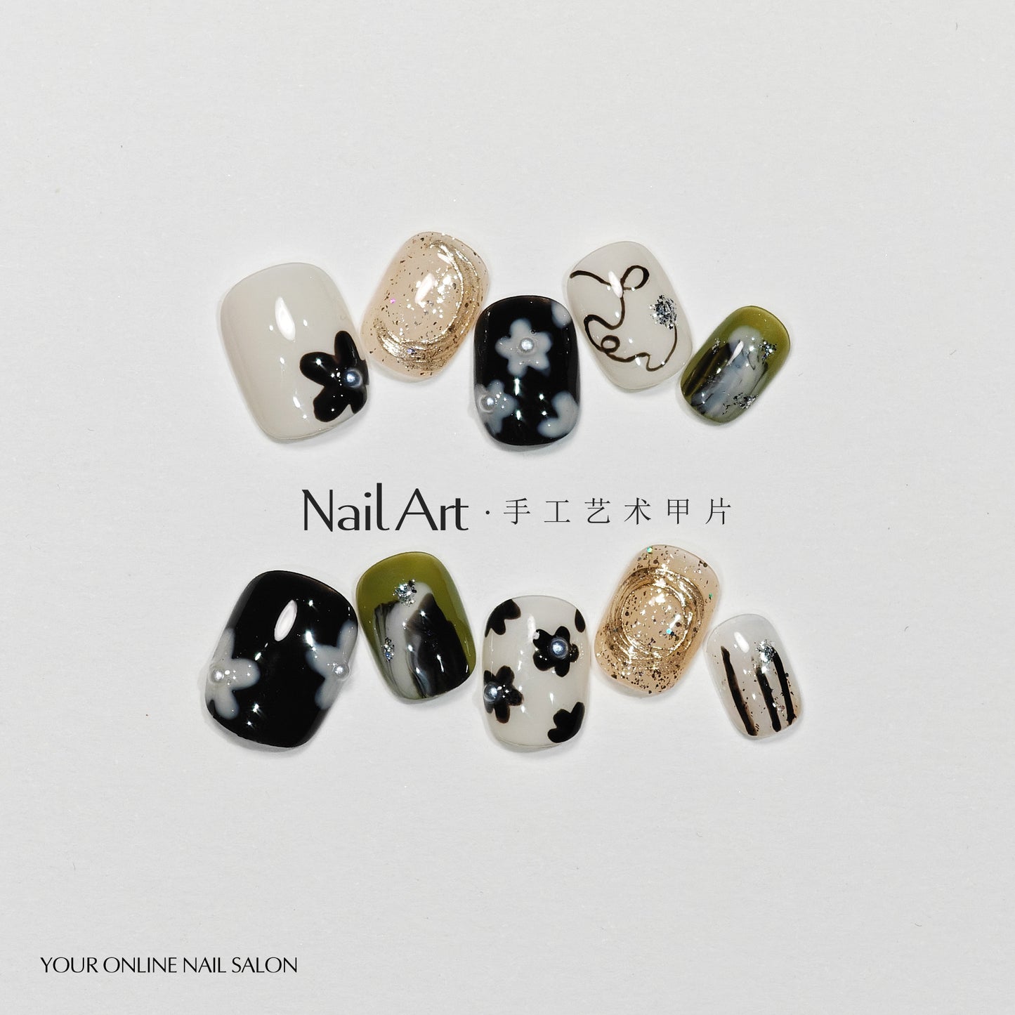 Handmade Nail Advanced Texture Gold Foil Graffiti White Short Blooming Cute Nail Stickers Fake Nails Wholesale