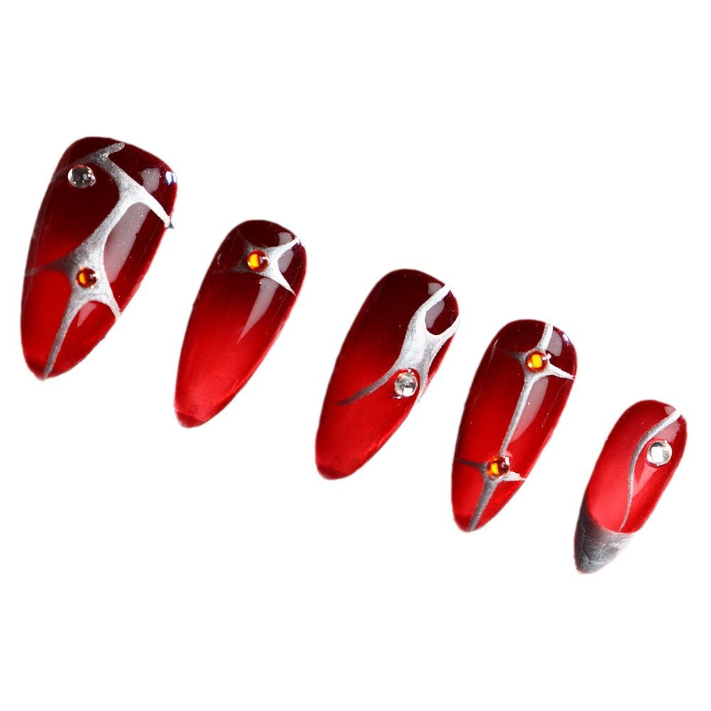 European and American Style Y2K Almond-Shaped Blood Red Wearing Armor Halloween Hand Painted Flame Nail Stickers Plastic Wholesale