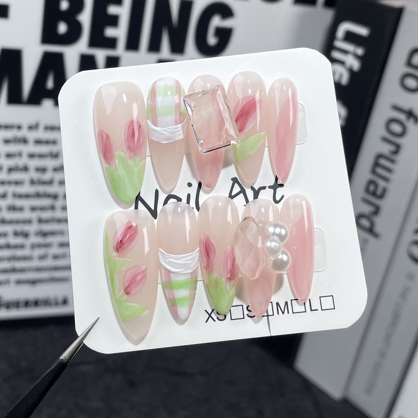 Watercolor Hand-Painted Tulip Hand-Worn Nail Ice Transparent Pure Desire Mid-Length Nail Stickers Sweet Cute Fake Nails