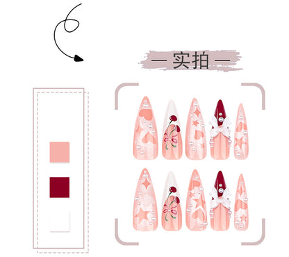 Cherry Pink French Wear Nail Three-Dimensional Bow Manicure Stars Heart Ultra-Long Pointed Wearable Nail Tip