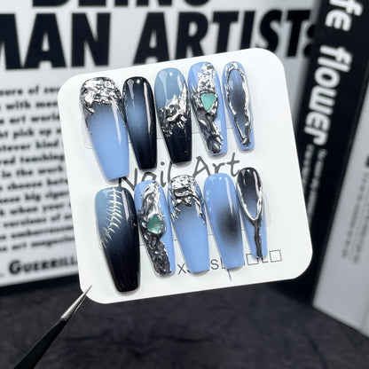 European and American Relief Handmade Wear Nail Spray Gun Gradient Irregular Metal Shape Long Nail Stickers Wholesale