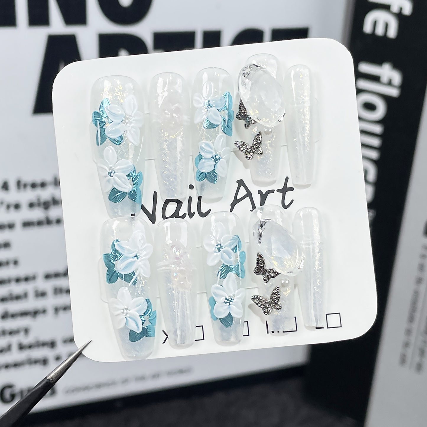 Handmade Wear Nail Ice Transparent Hand Painted Flower Extended Nail Stickers Wearable Nail Sticker Wholesale