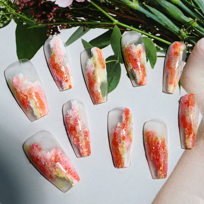 Peach Iced Tea Three-Dimensional Plaster Painted Wear Nail Sweet Thin and Glittering Spring New Handmade Wear Nail Patch