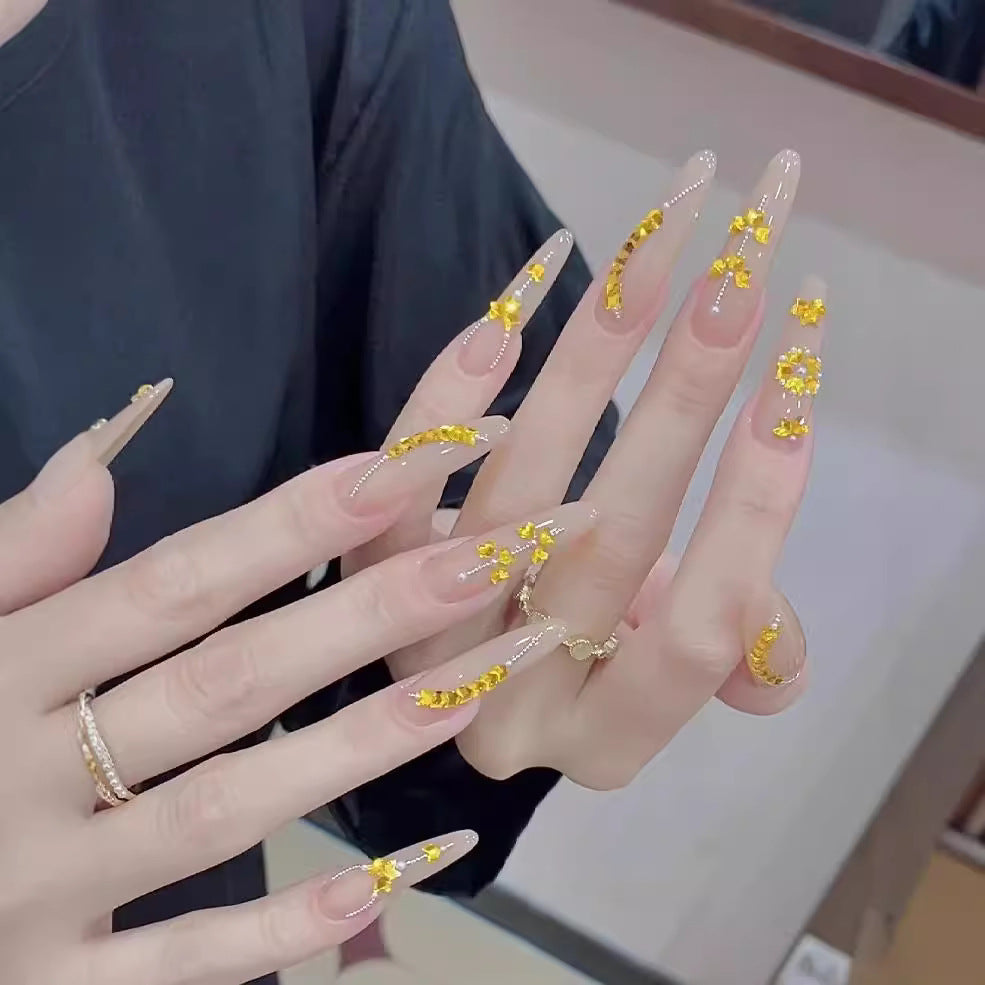 Handmade Wear Nail Internet Celebrity Hot Summer Classic Nude Golden Wheat Elegant High-Grade Long Manicure