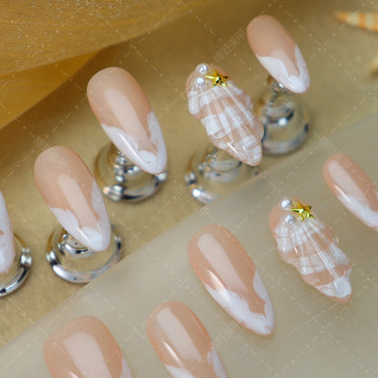 Cross-Border Handmade Wear Nail Small Fresh Shell Starfish Hand Painted White Wings Nail Tip Finished Products Wholesale Detachable