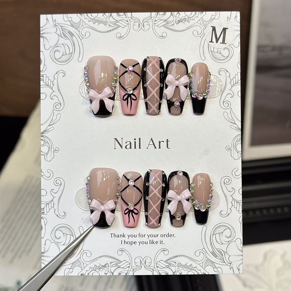 Cross-Border Hot Selling European and American Coffin-Shaped Handmade Wear Nail Ballet Shoes Bow Nail Black Nail Patch