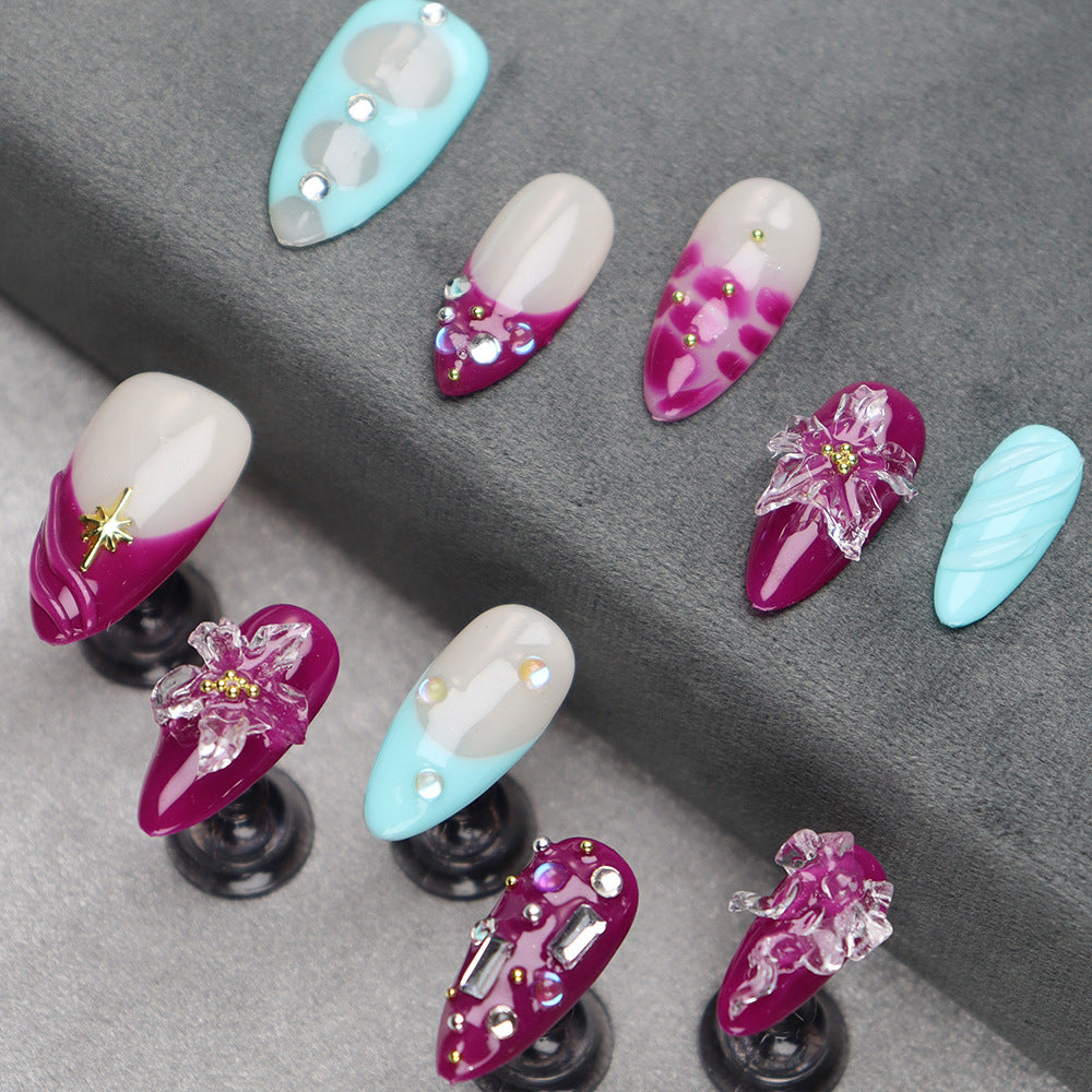 Hot Sale Handmade Wearing Nail Painted Flower Three-Dimensional Crystal Ice Flower Ink Blue Color Jumping Texture Nail Stickers