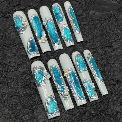 European and American Super Long Water Pipe Nail Art Irregular Shape Blue Cat Eye Handmade Wear Nail Advanced Light Luxury Nail Stickers