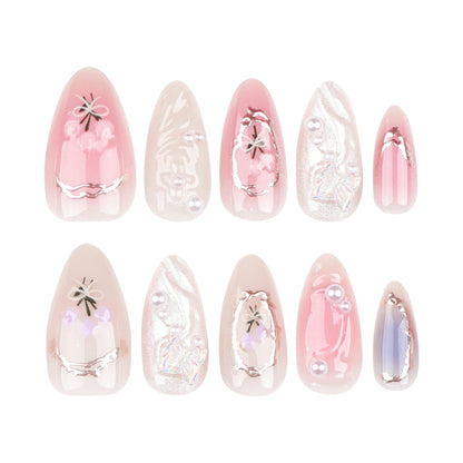 Spot Drill Aurora Butterfly Wear Nail Fresh Blush Blooming Nail Tips Pearl Bow Fake Nails Wholesale