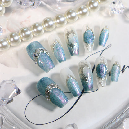 Handmade Wear Armor Summer Blue Island Pearl Holiday Nail Beauty UV Finished Product Thin and Glittering Texture Nail Stickers