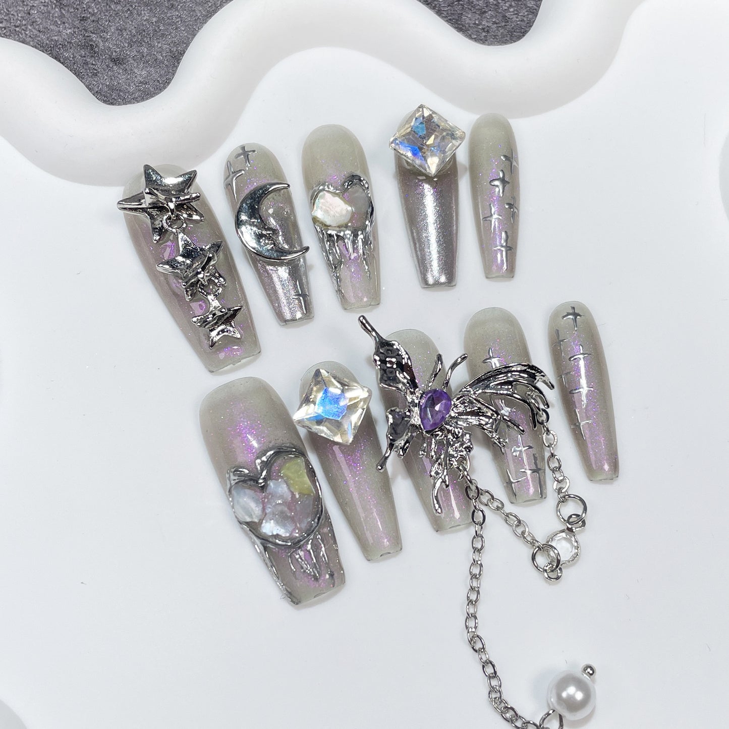 Handmade Wear Nail Aurora Shell Heavy Industry Long Nail Butterfly Pendant European and American Style Wear Nail Sticker Wholesale