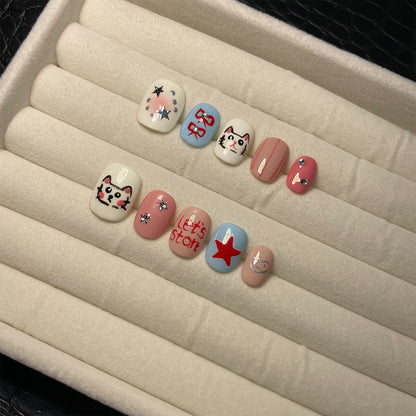 Handmade Wear Nail Cute Hand Painted Hello Kitty Short round Bean Nail Girl Cartoon Hand Painted kitty Nail stickers